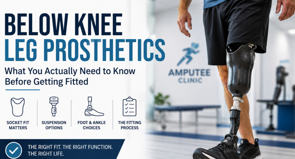 Below knee leg prosthetic in a modern clinical setting, highlighting socket fit, suspension, foot and ankle components, and the prosthetic fitting process.