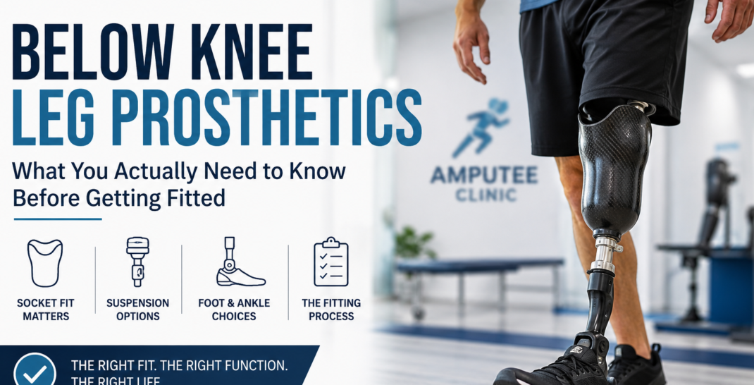Below knee leg prosthetic in a modern clinical setting, highlighting socket fit, suspension, foot and ankle components, and the prosthetic fitting process.