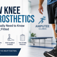 Below knee leg prosthetic in a modern clinical setting, highlighting socket fit, suspension, foot and ankle components, and the prosthetic fitting process.