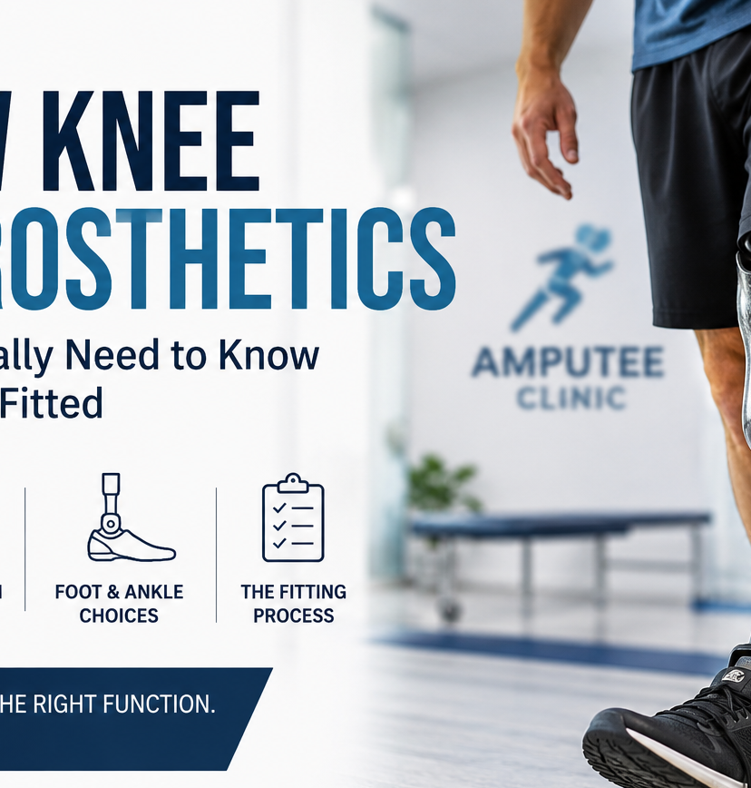 Below knee leg prosthetic in a modern clinical setting, highlighting socket fit, suspension, foot and ankle components, and the prosthetic fitting process.